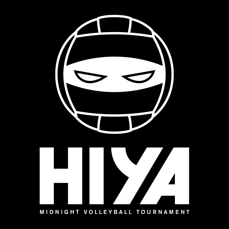 Large icon of volleyball combined with ninja eyes and smaller HIYA text underneath and “Midnight Volleyball Tournament” in smaller letters below