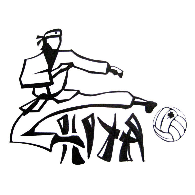 Drawing of person in karate gi kicking volleyball with HIYA text underneath