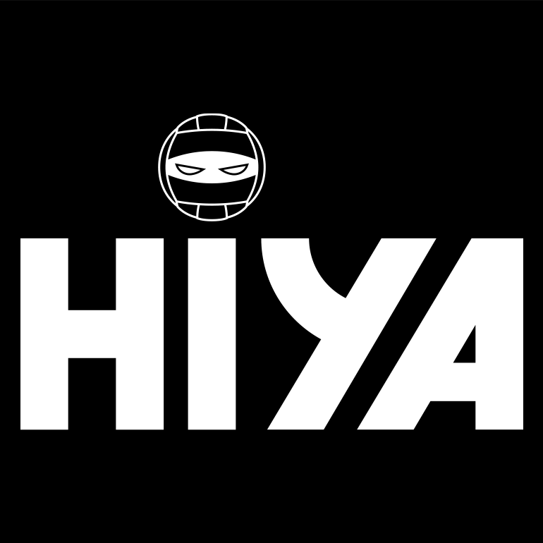 Big text that says HIYA with icon of volleyball combined with ninja eyes as the dot of the I