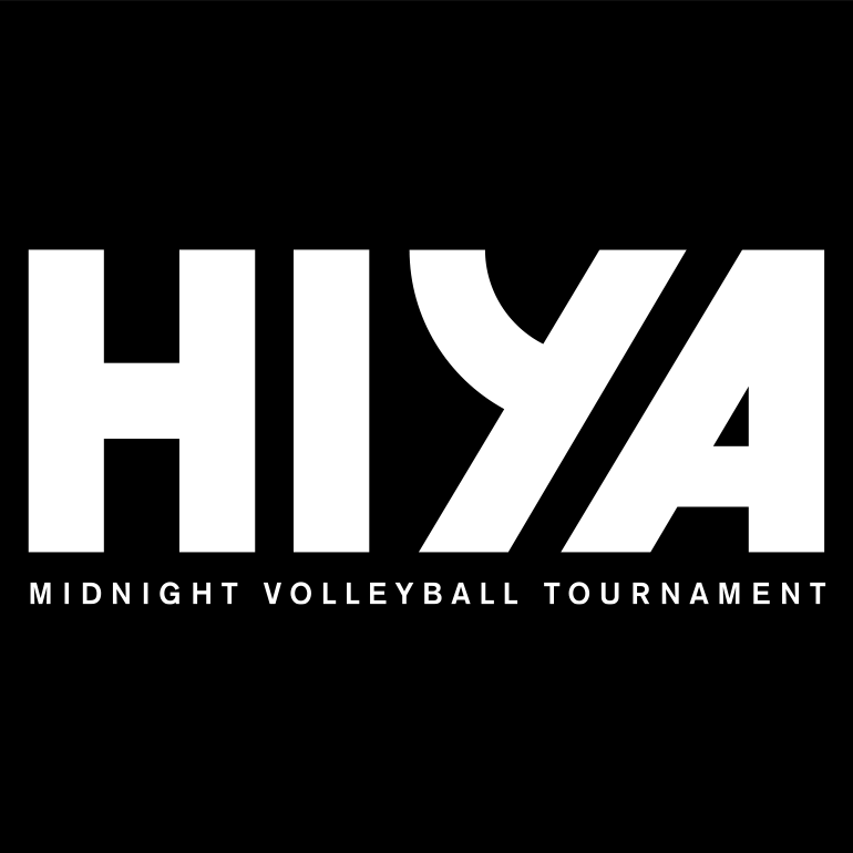 Text only logo lockup with HIYA in big letters and “Midnight Volleyball Tournament” in smaller letters below